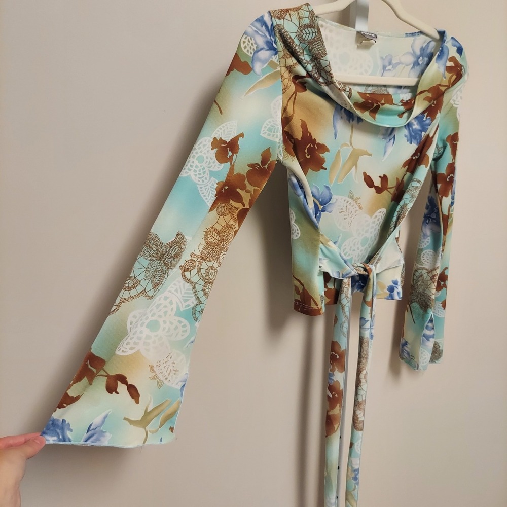 Vintage Rave Y2K Floral Butterfly Cowl Neck Tie Waist Top M Fairy Bell Sleeve